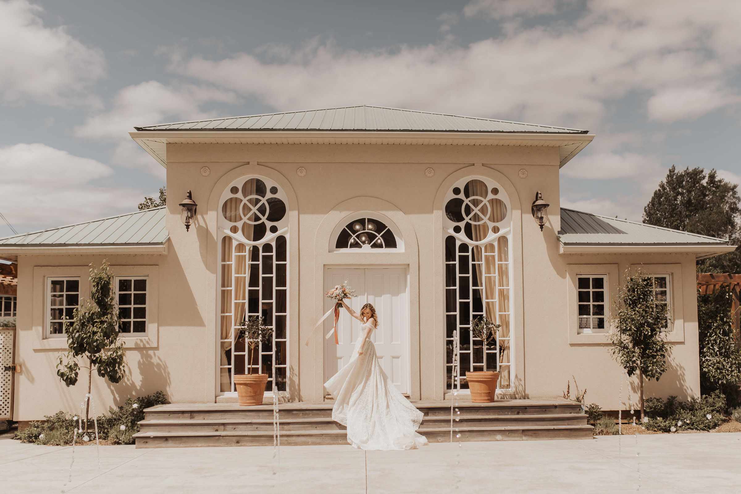 montreal wedding photographer micro wedding with bride in front of venue